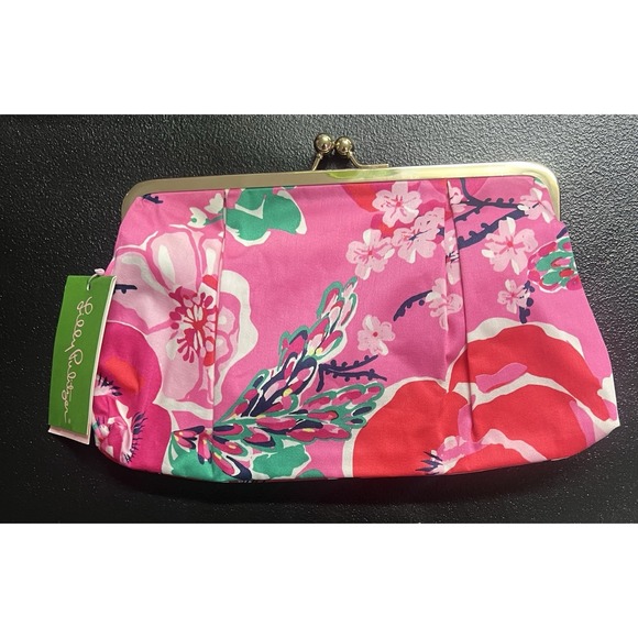 Lilly Pulitzer Handbags - NWT Lilly Pulitzer GWP Cotton Clutch‎ Hottie Pink A Think Called Love Kisslock
